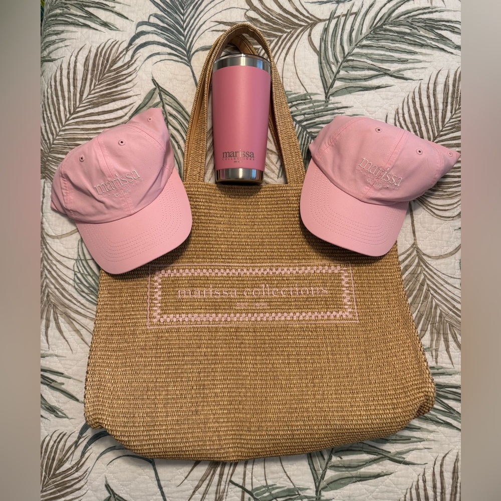 Marissa Collections Straw Tote w/Two Pink Caps and Tumbler